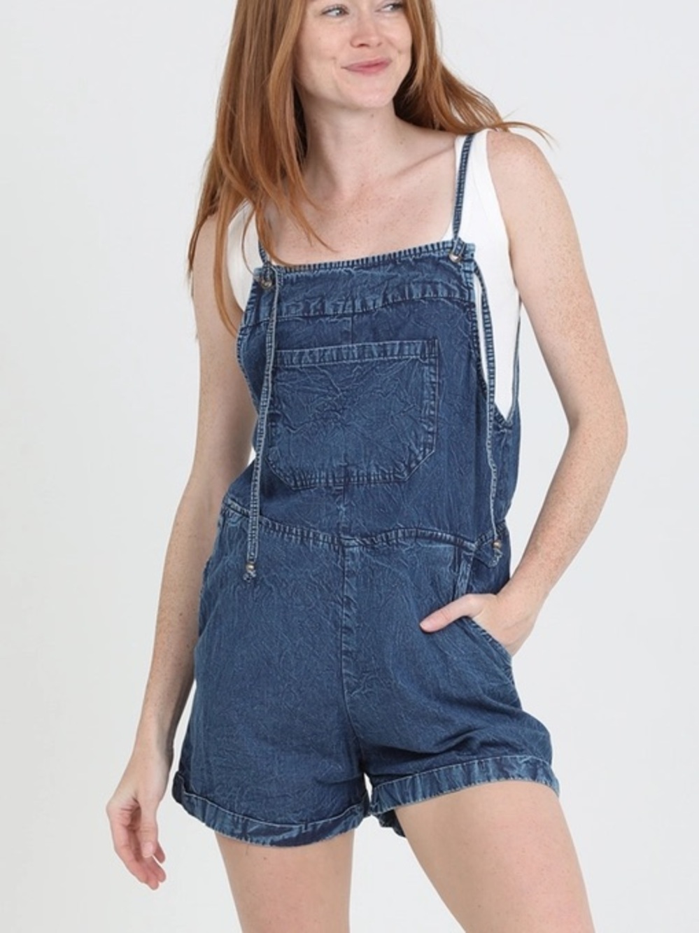 NWT Angie Women’s Denim Spag Strap Pocket Romper